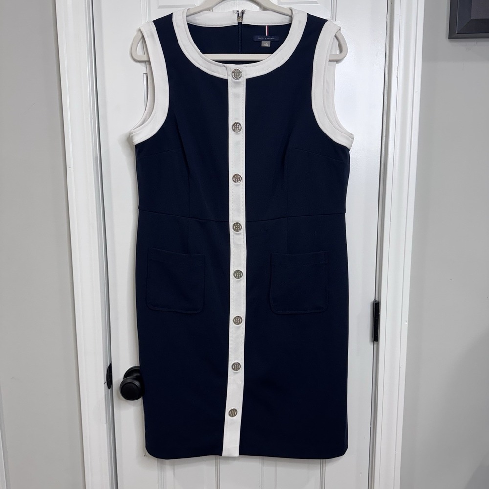 Tommy Hilfiger Womens 14 Navy White Sheath Dress Sleeveless Career Preppy